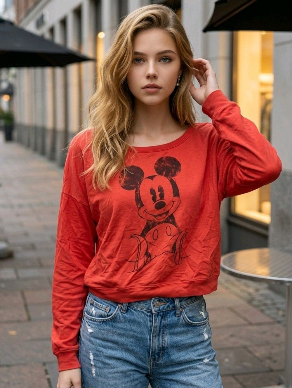 Disney Mickey Mouse Sweatshirt Small Red Distressed Vintage Style Crop Oversized